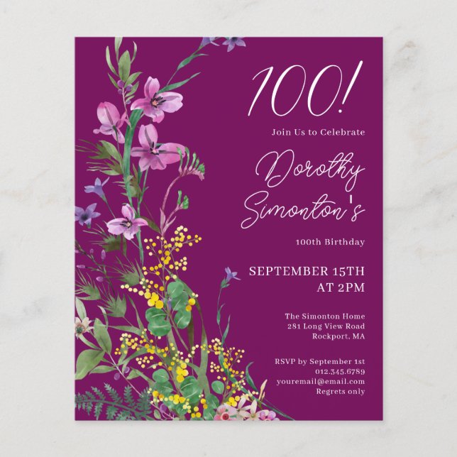 Papier BUDGET Purple Jaune Floral 100e anniversaire Invit (Devant)