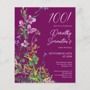 Papier BUDGET Purple Jaune Floral 100e anniversaire Invit