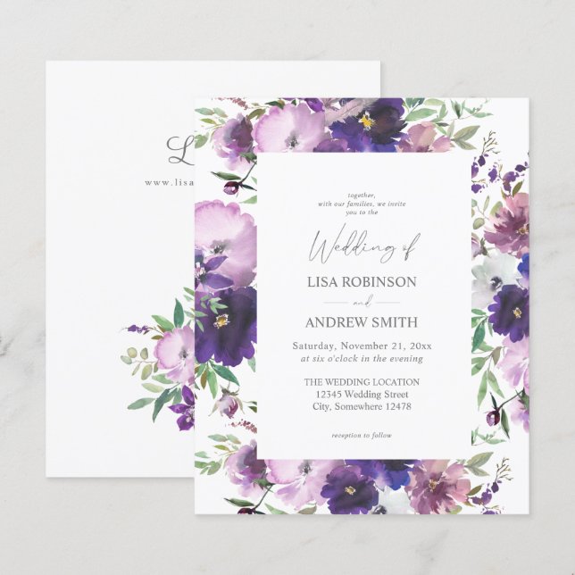 Papier Budget Purple - Lavande & Violet Floral 2 Mariage (Devant / Derrière)