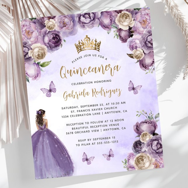 Papier Budget Purple Or ivoire Floral Quinceañera Invitat (Créateur téléchargé)