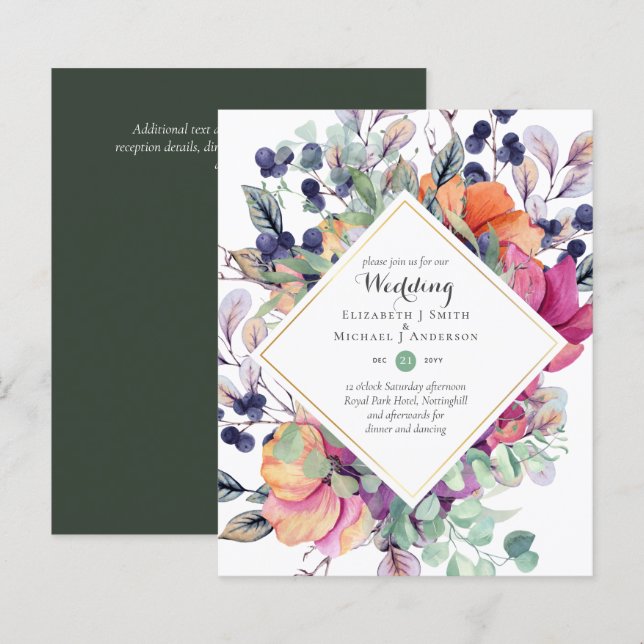 Papier BUDGET Purple Orange Floral Invitations de mariage (Devant / Derrière)