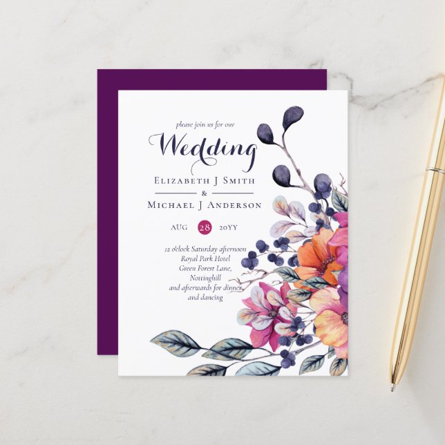 Papier BUDGET Purple Orange Floral Mariage Inviter (Devant/Arrière en situation)
