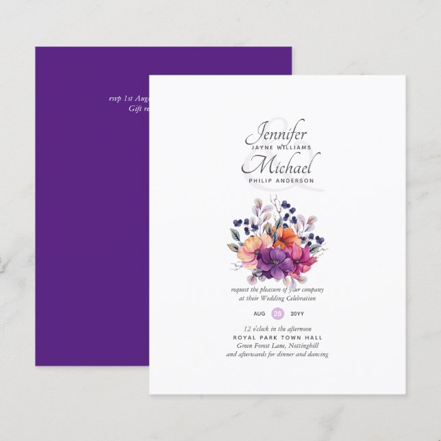 Papier BUDGET Purple Orange Floral Mariage Inviter (Devant / Derrière)