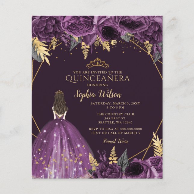 Papier Budget Purple Princesse Quinceañera Invitation (Devant)