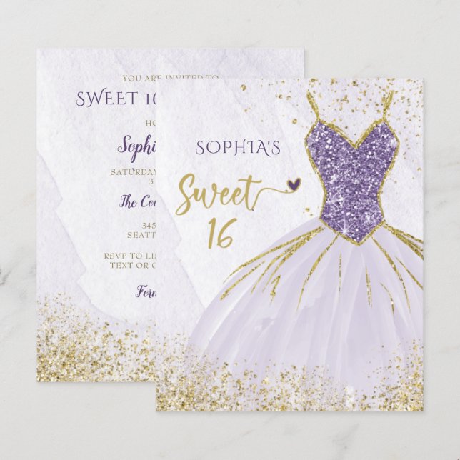 Papier Budget Purple Robe Étincelle Douce 16 Invitation (Devant / Derrière)