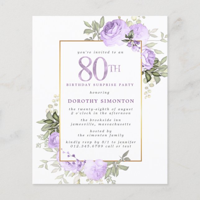 Papier Budget Purple Rose 80e anniversaire Surprise Party (Devant)