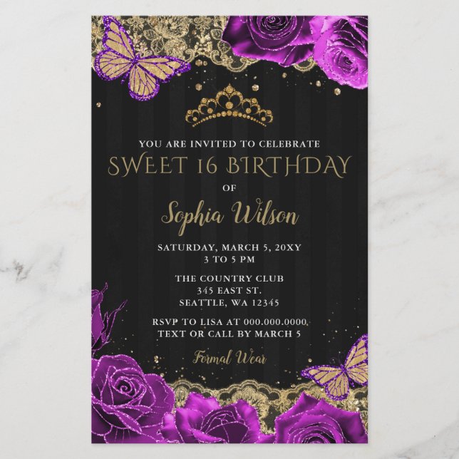 Papier Budget Purple Rose Black Gold Sweet 16 Invitation (Devant)
