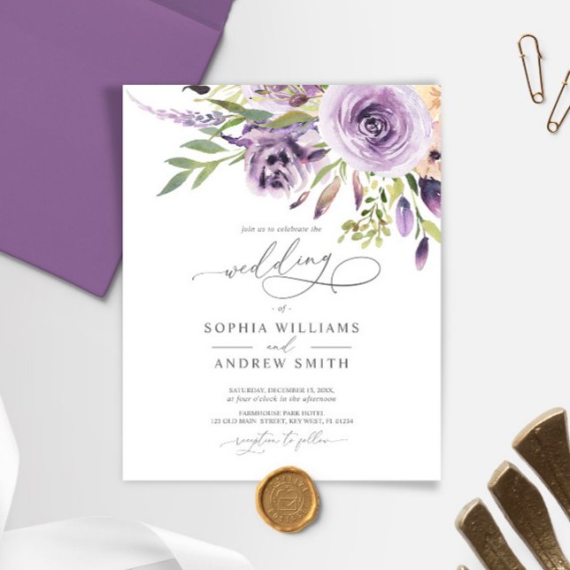 Papier Budget Purple Rose Élégant Mariage Invitation (Créateur téléchargé)
