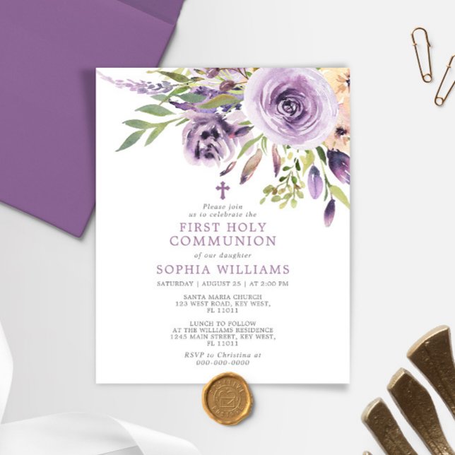 Papier Budget Purple Rose First Holy Communion Invitation (Créateur téléchargé)