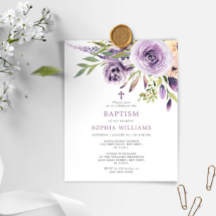 Papier Budget Purple Rose Floral Baptême Invitation