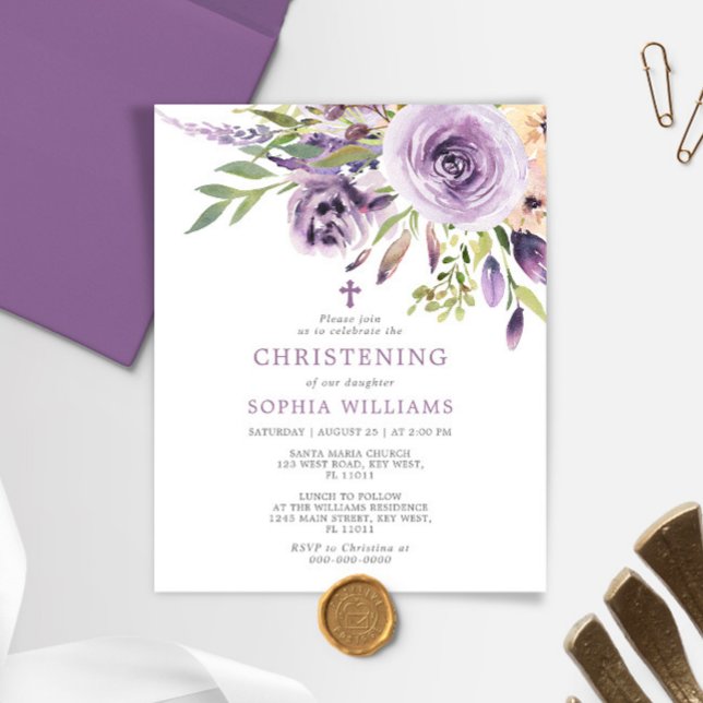 Papier Budget Purple Rose Floral Christening Invitation (Créateur téléchargé)