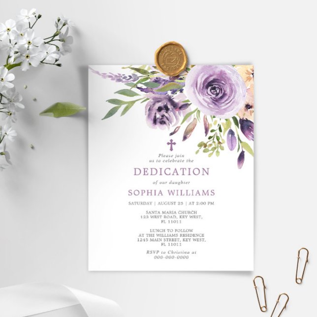 Papier Budget Purple Rose Floral Dedication Invitation (Créateur téléchargé)