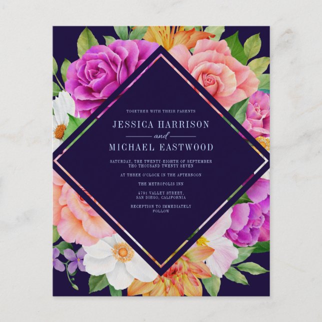 Papier Budget Purple Rose Floral Gras Faire-part de maria (Devant)