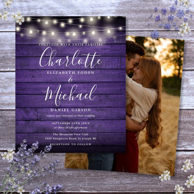 Papier Budget Purple Rustic Lights Photo Mariage Invitati (Budget Purple Rustic Lights Photo Wedding Invite)
