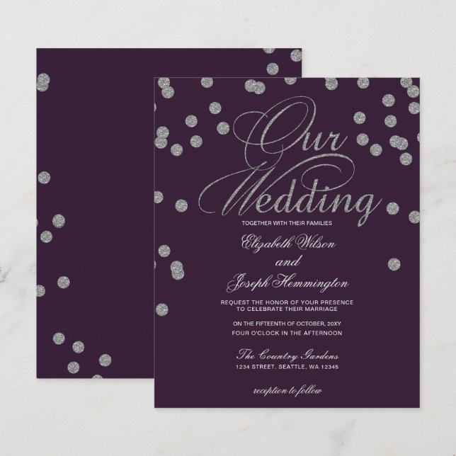 Papier Budget Purple Silver Confetti Faire-part de mariag (Devant / Derrière)