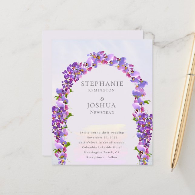 Papier Budget Purple Wisteria Floral Faire-part de mariag (Devant/Arrière en situation)