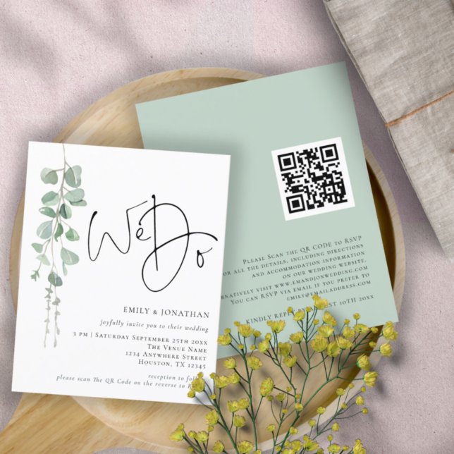 Papier Budget QR Code Eucalyptus Nous faisons Faire-part  (Front and back view)
