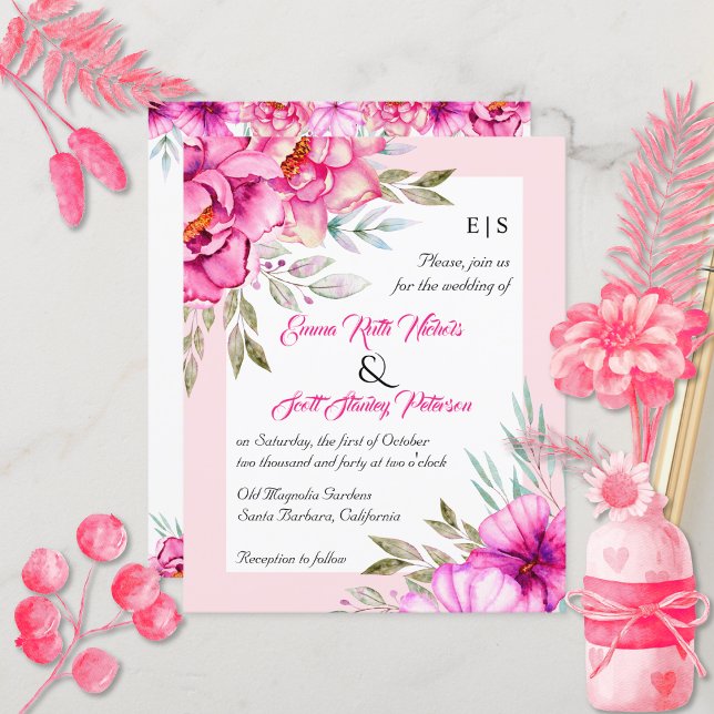 Papier BUDGET QR code fleurs roses faire-part de mariage (Créateur téléchargé)