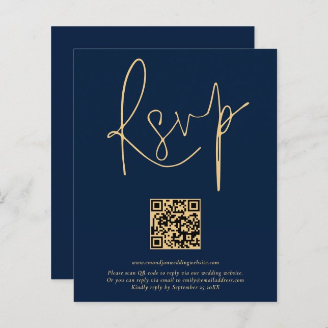 Papier Budget QR Code Gold Marine Bleu Script Mariage RSV (Devant / Derrière)