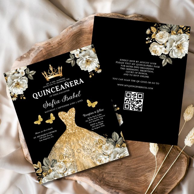 Papier Budget QR Code Quinceanera Floral Gold Princess (Créateur téléchargé)