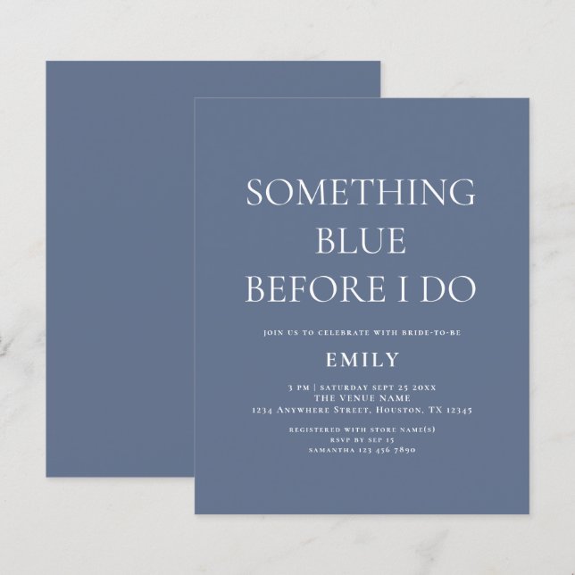 Papier Budget Quelque Chose Blue Bridal Shower Invitation (Devant / Derrière)