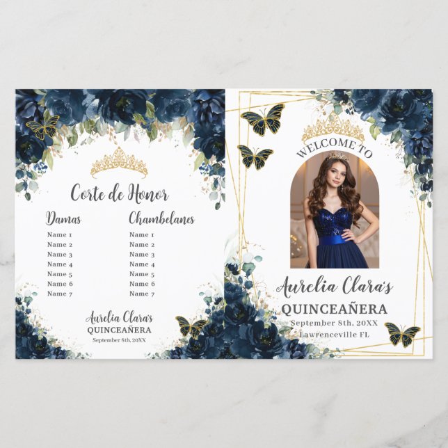 Papier Budget Quinceañera 15 Navy Floral Padrinos Program (Devant)