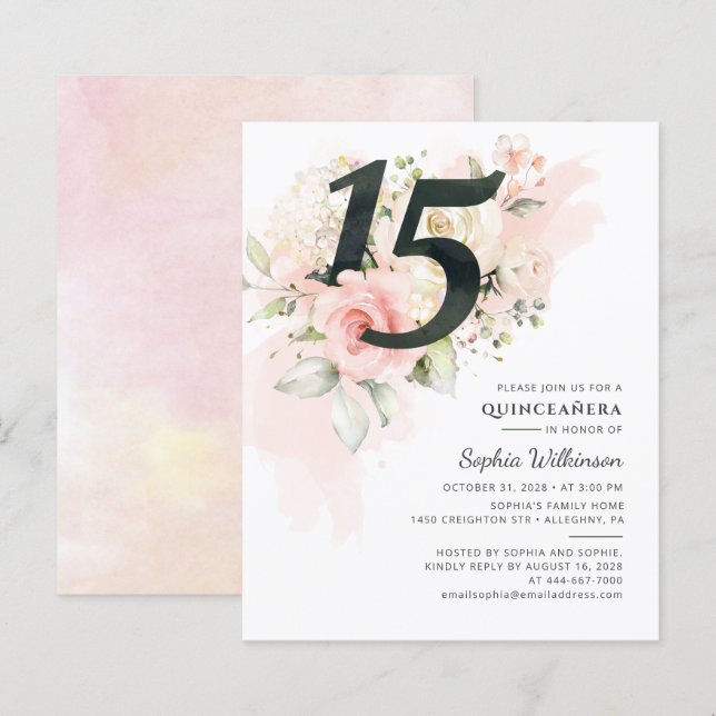 Papier Budget Quinceanera 15e anniversaire Invitation flo (Devant / Derrière)