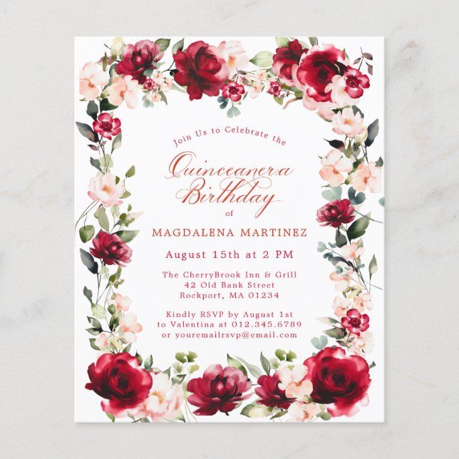 Papier BUDGET Quinceanera Anniversaire Rose rouge Peony (Devant)