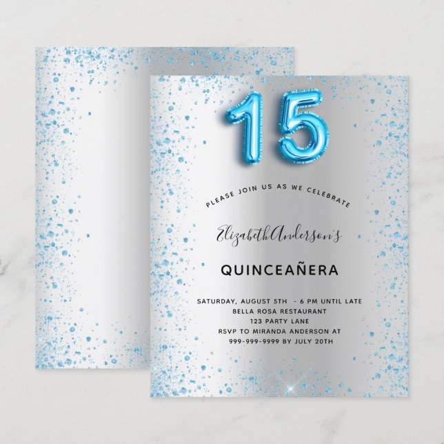 Papier Budget Quinceanera argent bleu parties scintillant (Devant / Derrière)