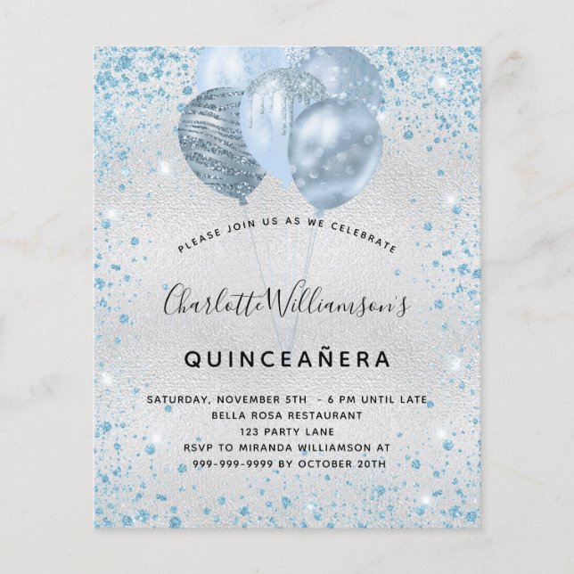 Papier Budget Quinceanera argent bleu parties scintillant (Devant)
