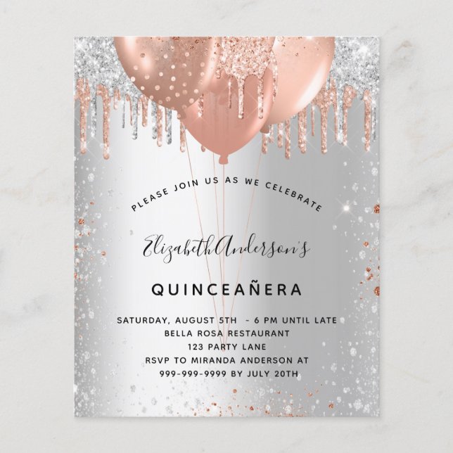 Papier Budget Quinceanera argent rose or ballons (Devant)