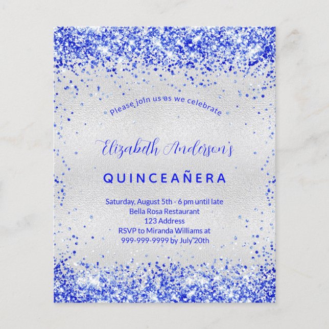 Papier Budget Quinceanera argent royal bleu invitation (Devant)