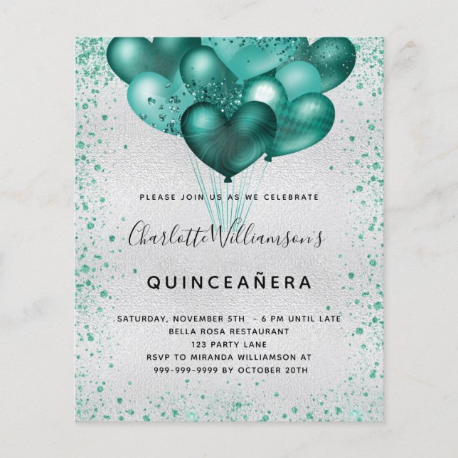 Papier Budget Quinceanera argent turquoise parties scinti (Devant)