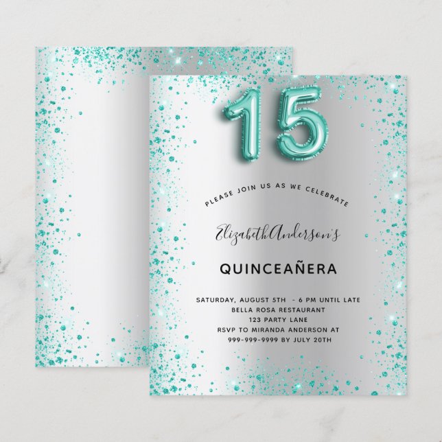Papier Budget Quinceanera argent turquoise parties scinti (Devant / Derrière)