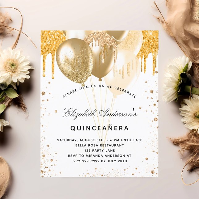 Papier Budget Quinceanera blanc or bulles invitation (Créateur téléchargé)