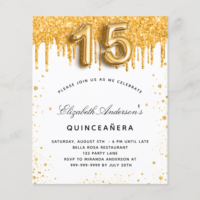 Papier Budget Quinceanera blanc or partie invitation (Devant)
