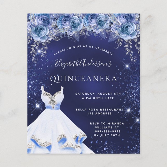 Papier Budget Quinceanera bleu parties scintillant robe f (Devant)