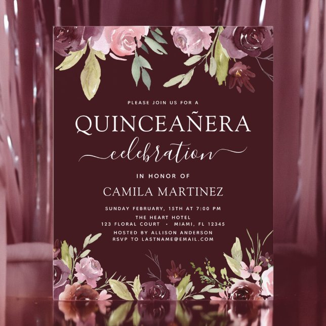 Papier Budget Quinceanera Bourgogne Rose Floral Invitatio (Créateur téléchargé)