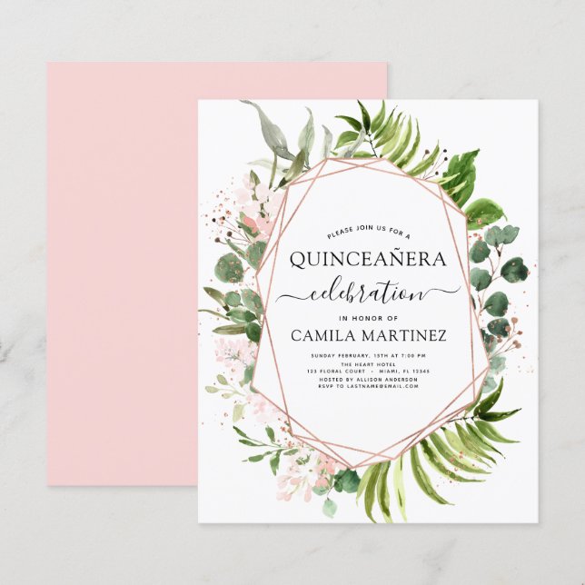 Papier Budget Quinceanera Eucalyptus Rose Or géométrique (Devant / Derrière)