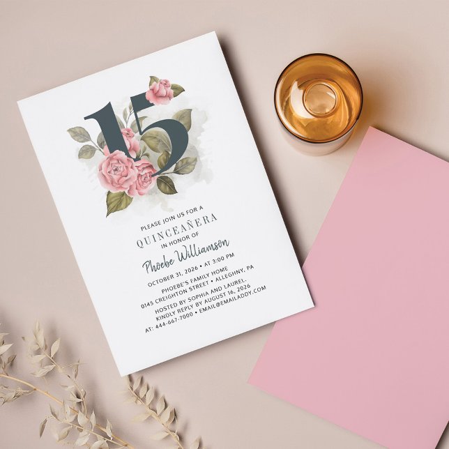Papier Budget Quinceanera Floral rustique 15e anniversair (Pink Floral Quinceanera Invitation)