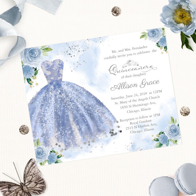 Papier Budget Quinceanera Invitation Bilingue Blue Gown (Créateur téléchargé)