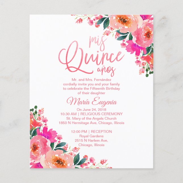 Papier Budget Quinceanera Invitation Bilingue Floral (Devant)