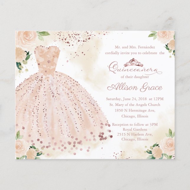 Papier Budget Quinceanera Invitation Bilingue Pink Gown (Devant)