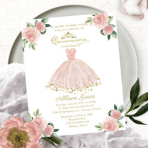 Papier Budget Quinceanera Invitation Bilingue Pink Gown