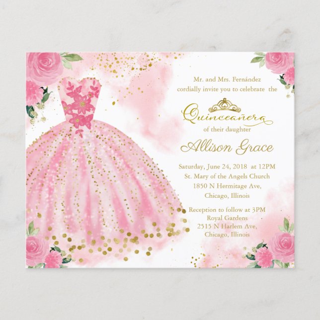 Papier Budget Quinceanera Invitation Bilingue Pink Gown (Devant)