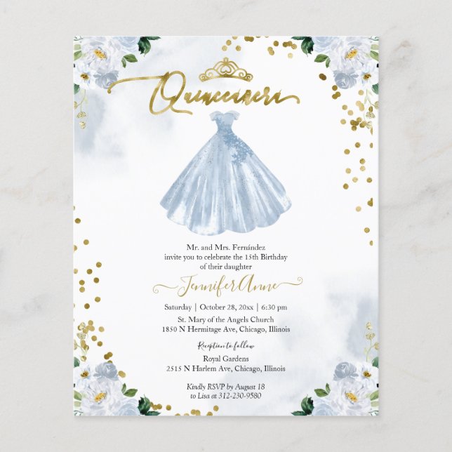 Papier Budget Quinceanera Invitation Blue Floral Gown (Devant)