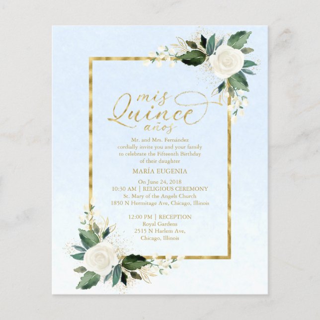 Papier Budget Quinceanera Invitation Dusty Blue Floral (Devant)