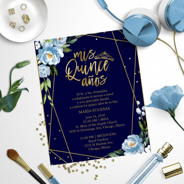Papier Budget Quinceanera Invitation Espagnol Bleu Floral (Créateur téléchargé)