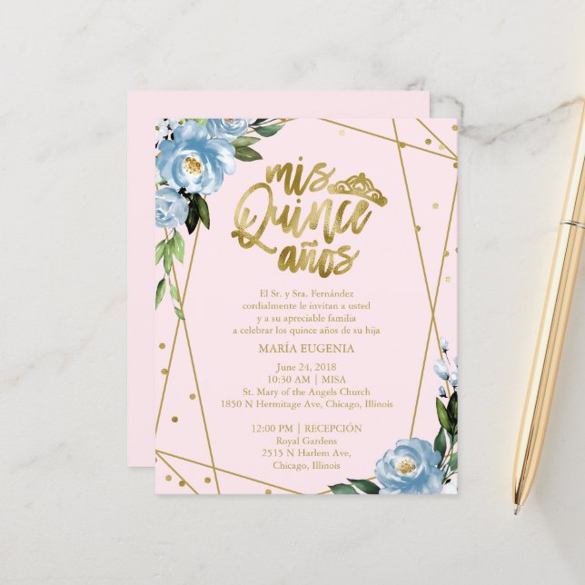 Papier Budget Quinceanera Invitation Espagnol Rose Bleu (Devant/Arrière en situation)