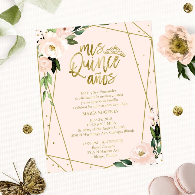 Papier Budget Quinceanera Invitation Espagnol Rose Blush (Créateur téléchargé)